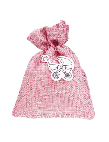 Rosa Tasche für gezuckerte Mandeln mit Kinderwagen 10x12 cm zur Taufe