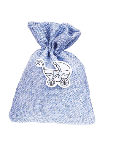 Hellblaue Tasche für gezuckerte Mandeln mit Kinderwagen 10x12 cm zur Taufe