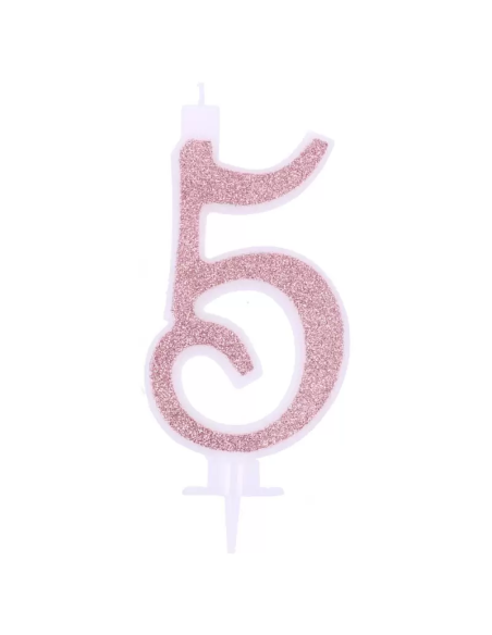 Candelina Glitterata rosa numero 5 - altezza 12 cm
