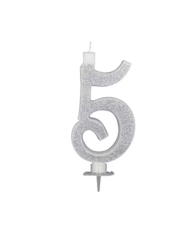Silberglitzernde Kerze Nummer 5 - Höhe 12 cm