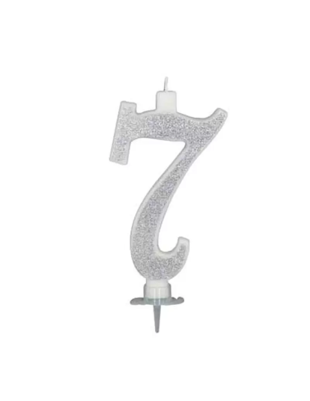 Candelina Glitterata argento numero 7 - altezza 12 cm