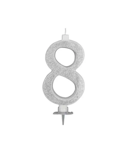 Silberglitzernde Kerze Nummer 8 - Höhe 12 cm