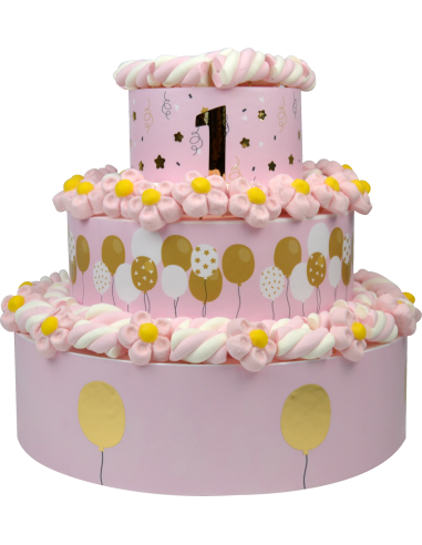 Rosa Kuchen zum 1. Geburtstag mit Marshmallow, 35 x 30 cm