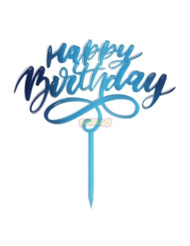 Cake Topper Plexiglas Trasp w / UV Blau "Happy Birthday"