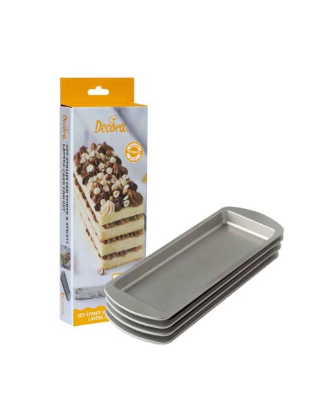Set aus 4 rechteckigen Aluminiumformen. Schichtkuchen 25,5 x 10,5 x 2 cm